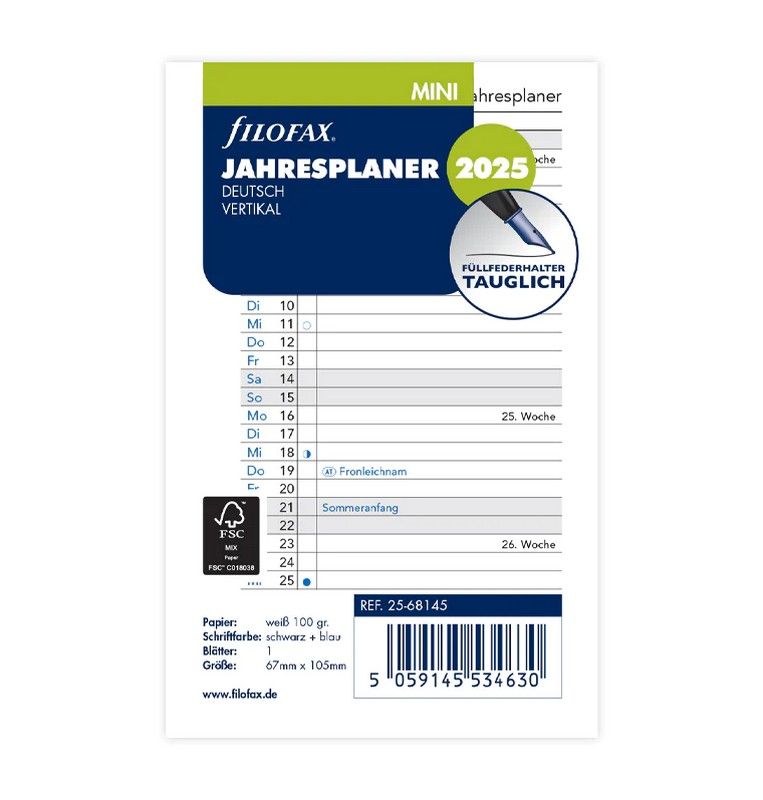 Filofax Mini Kalendereinlage 2025 Jahresplaner Leporello Weiß Deutsch