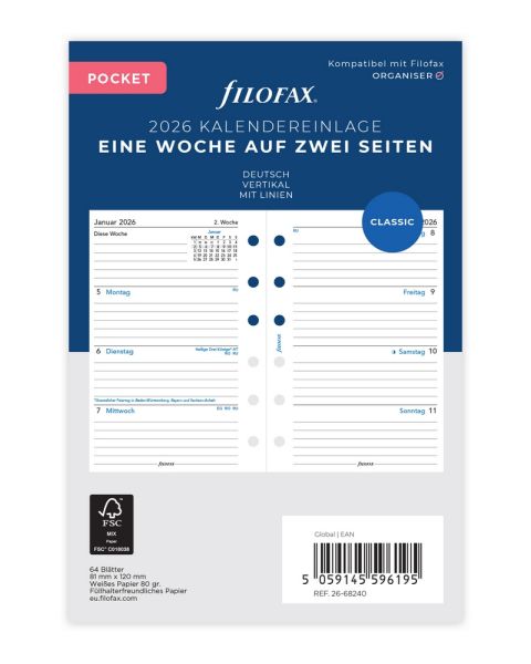 Filofax Pocket Kalendereinlage 2026 1 Woche auf 2 Seiten Weiß Deutsch