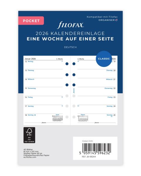 Filofax Pocket Kalendereinlage 2026 1 Woche auf 1 Seite Weiß Deutsch