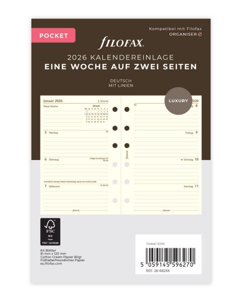 Filofax Pocket Kalendereinlage 2026 1 Woche auf 2 Seiten Cotton Cream Deutsch